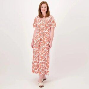 Stan Herman Maxi Dress Size XL Printed Knit Jersey Square Neck Coral Bloom Boho